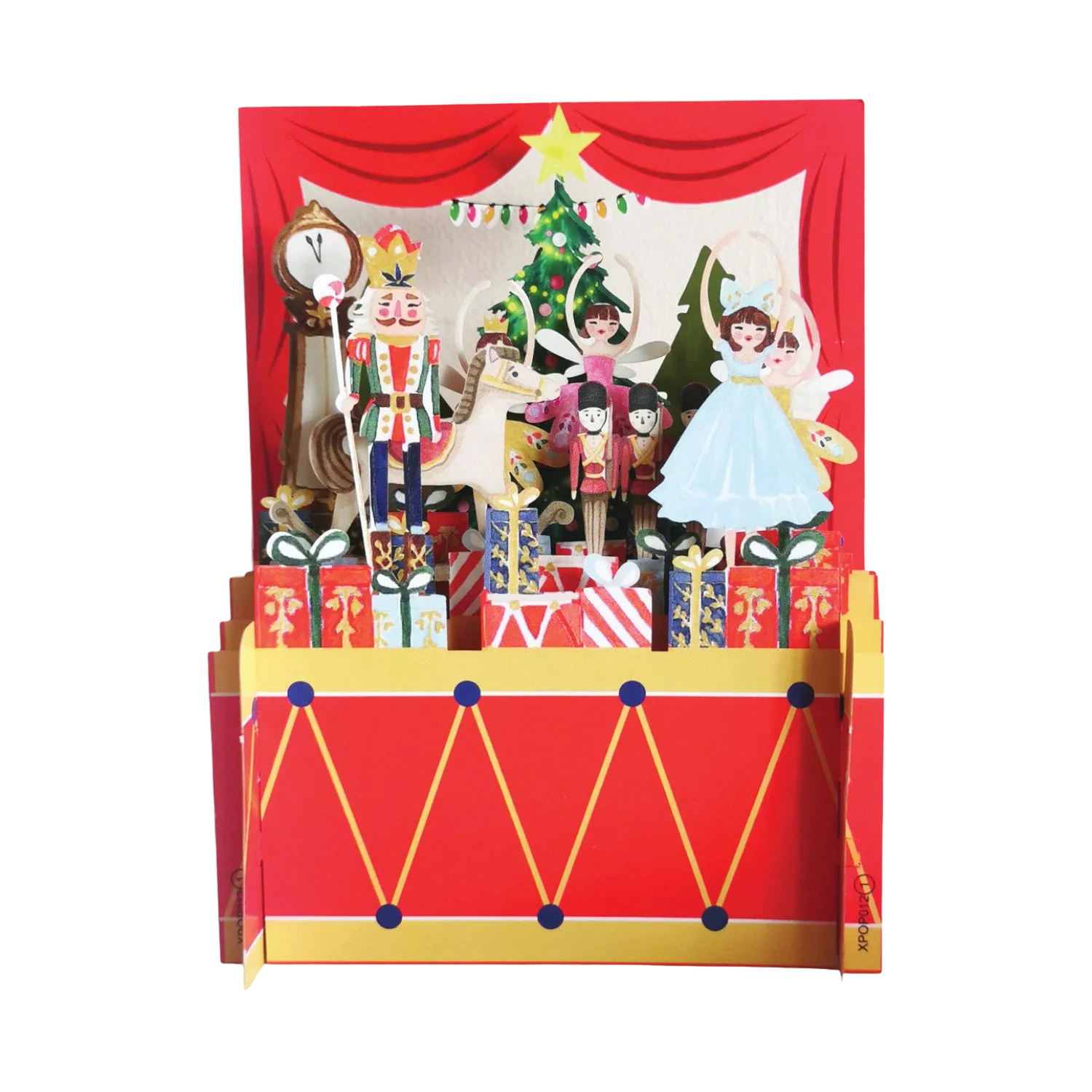 Pop-up Grußkarte mit Nussknacker und Tannenbaum. 