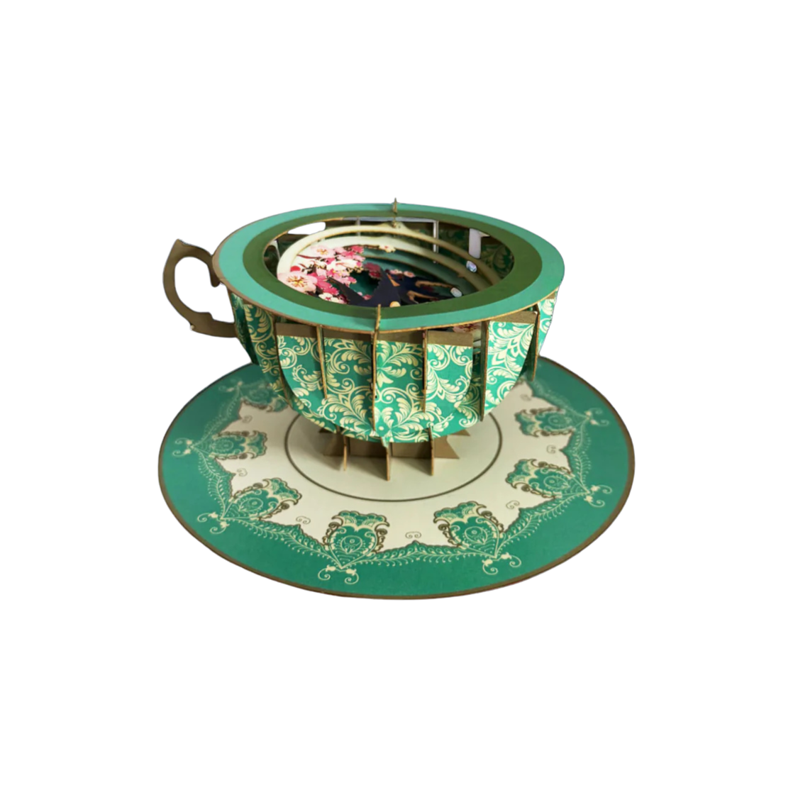 Faltbare Pop-up Grußkarte als Teetasse mit Kirschblüten in der Tasse.