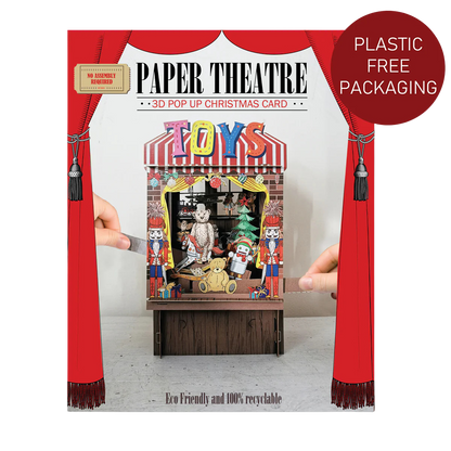 Pop-up Grußkarte als Miniaturtheater. Ein Weihnachtsabend mit Tannenbaum und vielen Geschenken.