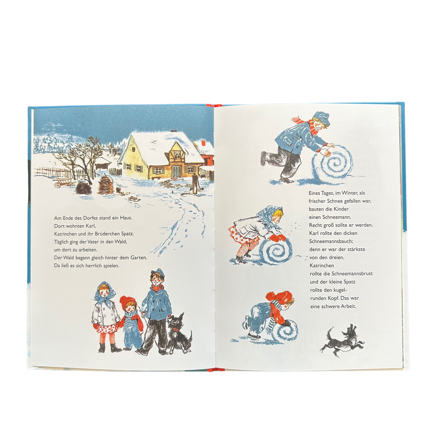 Ein Kinderbuch, die gestohlene Nase. Ein Schneemann mit der roten Nase und die Kinder wundern sich, wo ist sie. Der Hase hat sie gestohlen. Illustriert im vintage Style.