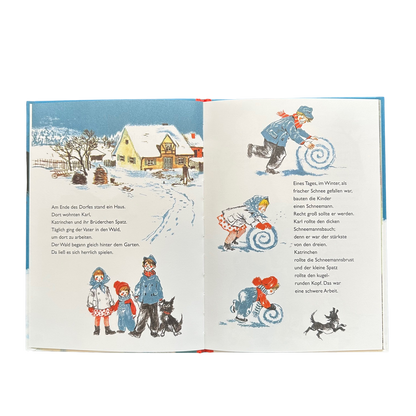 Ein Kinderbuch, die gestohlene Nase. Ein Schneemann mit der roten Nase und die Kinder wundern sich, wo ist sie. Der Hase hat sie gestohlen. Illustriert im vintage Style.