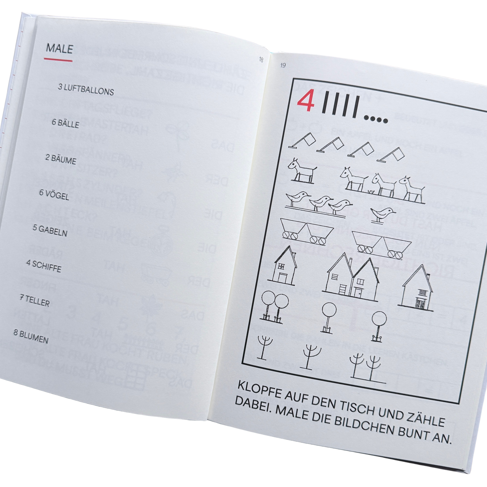 Ein Lernbuch zum Rechnen lernen. Hurra - wir rechnen. Anzahl der Gegenstände malen und Anzahl auf dem Tisch klopfen. 