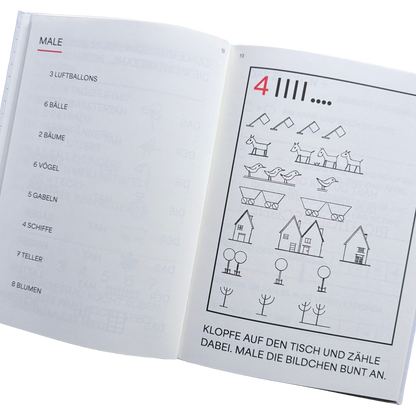 Ein Lernbuch zum Rechnen lernen. Hurra - wir rechnen. Anzahl der Gegenstände malen und Anzahl auf dem Tisch klopfen. 