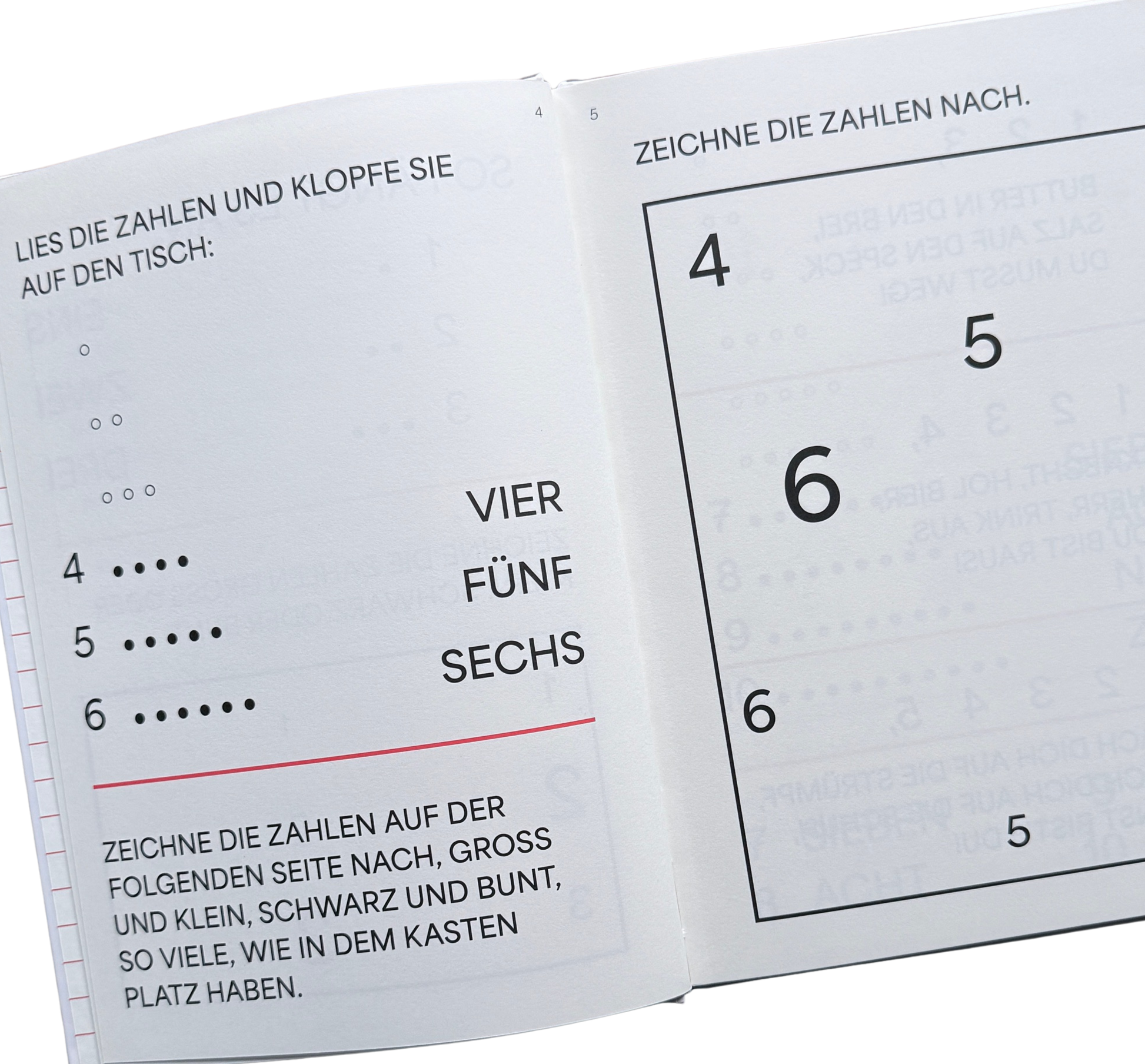Ein Lernbuch zum Rechnen lernen. Hurra - wir rechnen. Seite zum Zahlen erkennen und diese auf dem Tisch klopfen.