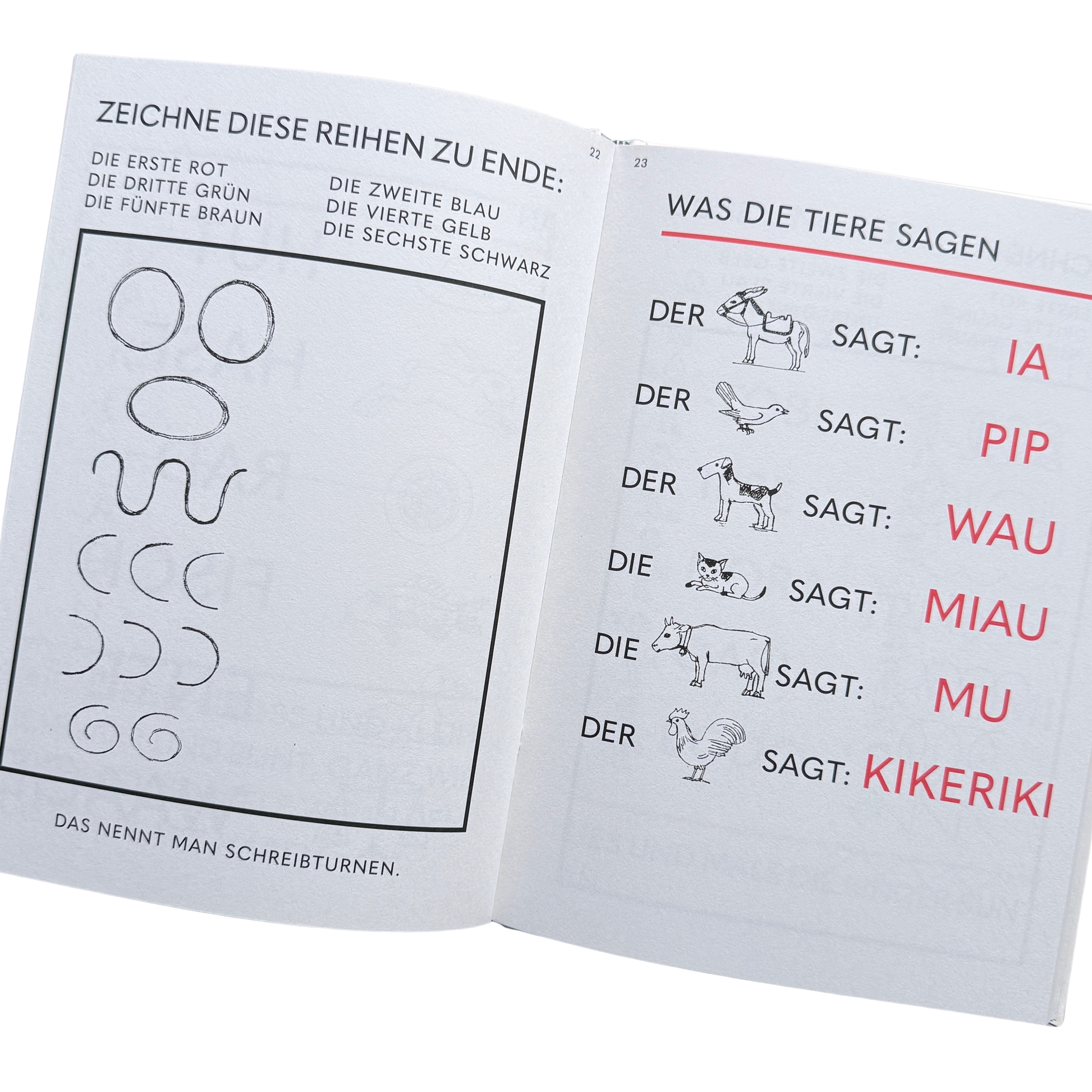 Ein Lernbuch zum Schreiben und Lesen lernen. ABC - Hurra wir lesen! Hurra wir schreiben! Seite zum Nachzeichnen von Linien und Lesen, was die Tiere sagen. 