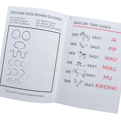 Ein Lernbuch zum Schreiben und Lesen lernen. ABC - Hurra wir lesen! Hurra wir schreiben! Seite zum Nachzeichnen von Linien und Lesen, was die Tiere sagen. 