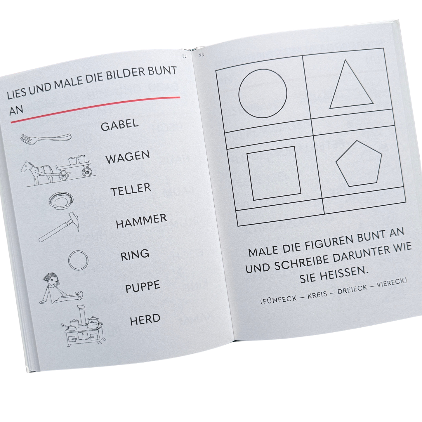Ein Lernbuch zum Schreiben und Lesen lernen. ABC - Hurra wir lesen! Hurra wir schreiben! Seite zum Lesen, Malen und Figuren erkennen. 