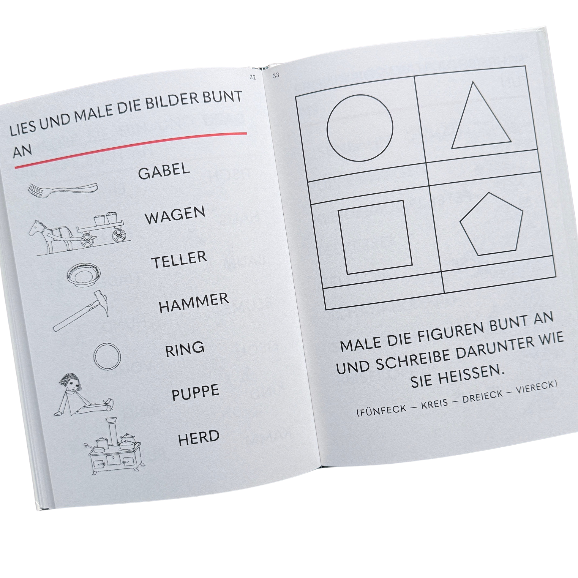 Ein Lernbuch zum Schreiben und Lesen lernen. ABC - Hurra wir lesen! Hurra wir schreiben! Seite zum Lesen, Malen und Figuren erkennen. 