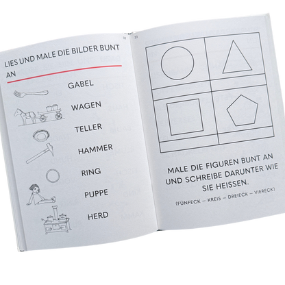 Ein Lernbuch zum Schreiben und Lesen lernen. ABC - Hurra wir lesen! Hurra wir schreiben! Seite zum Lesen, Malen und Figuren erkennen. 