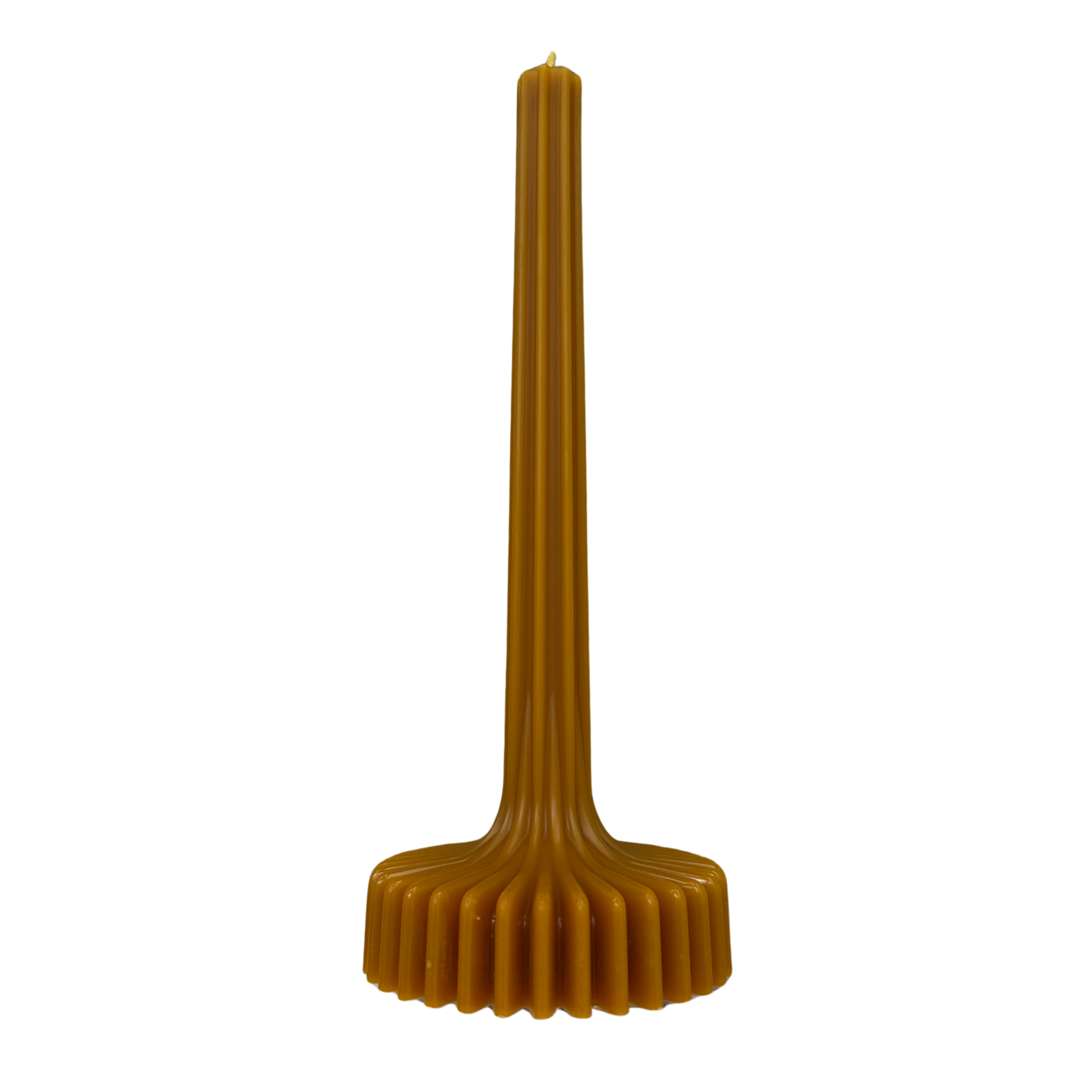 Stabkerze aus 
Bienenwachs mit Sockel und Rillen.