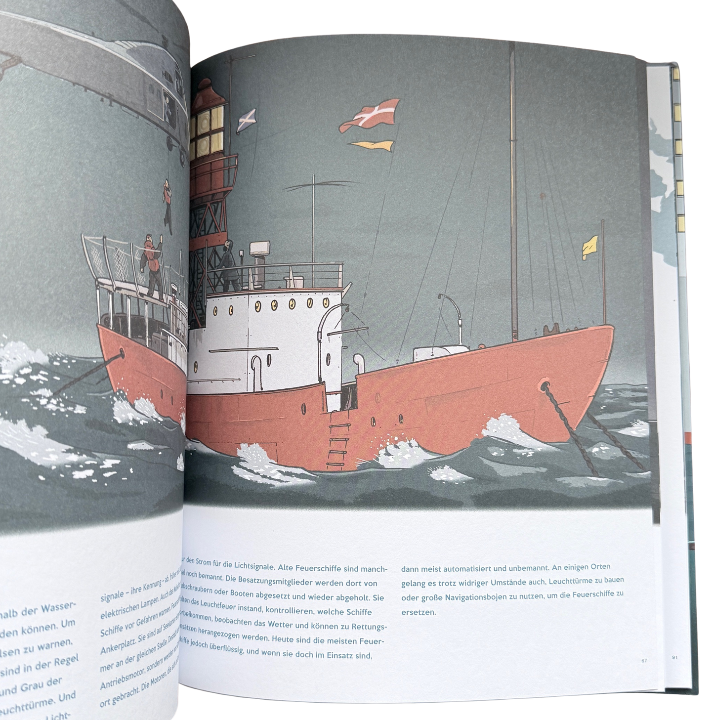 Ein rotes Fischerboot auf hoher See mit Wellengang. 