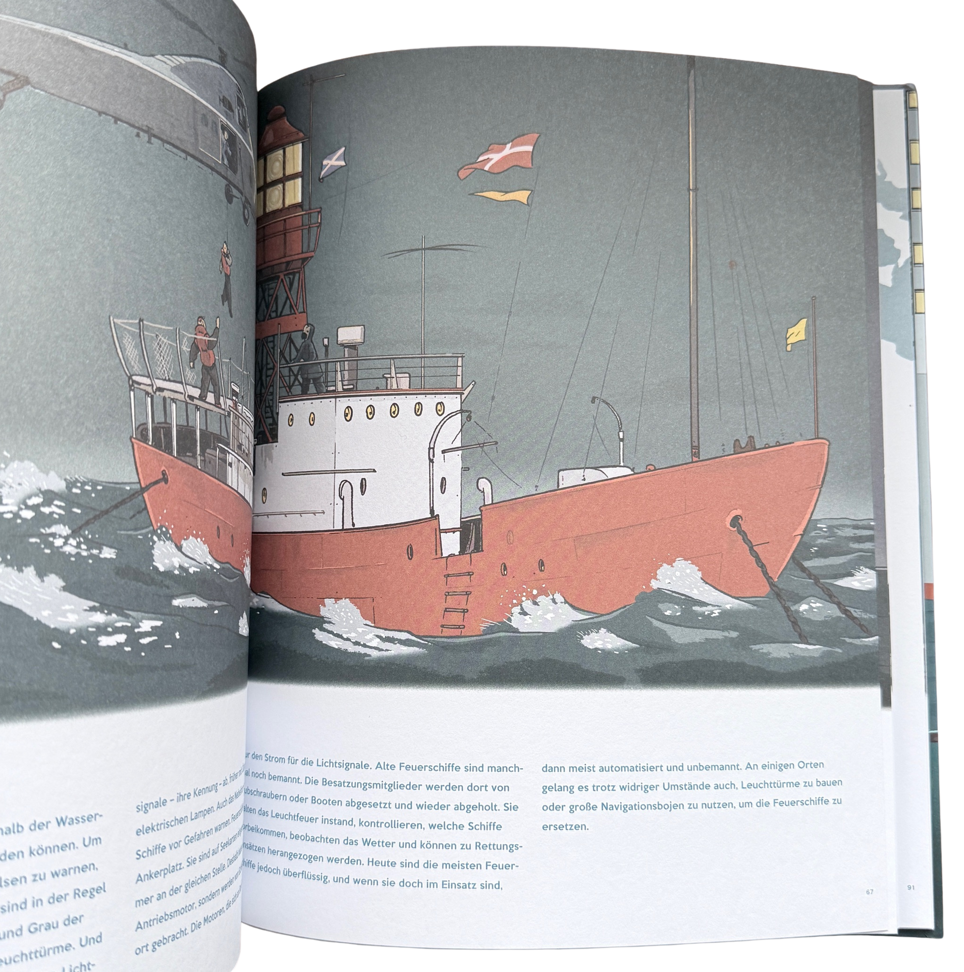 Ein rotes Fischerboot auf hoher See mit Wellengang. 