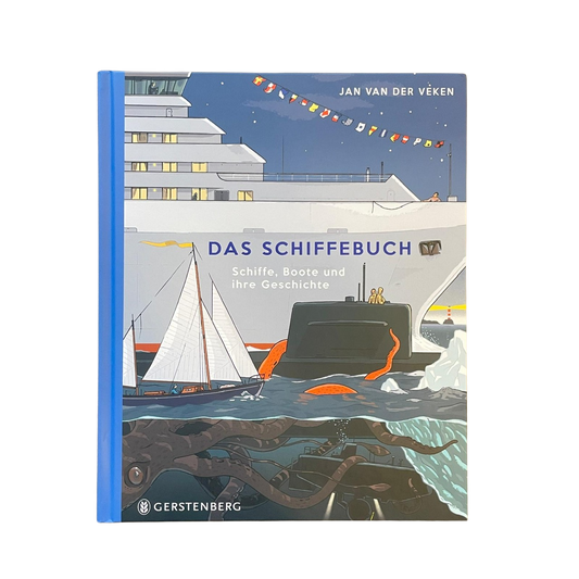 Ein großes Passagierschiff mit einem blauen Segelboot davor und einer Kracke unter Wasser. 