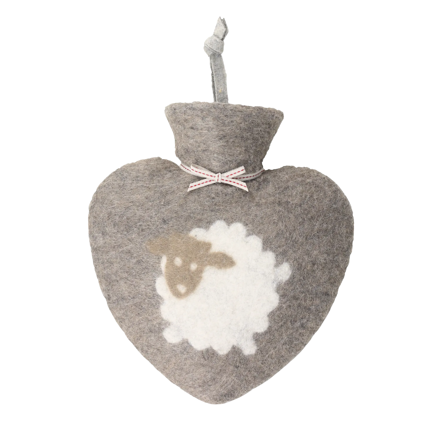 Wärmflasche in Herzform aus Merinowolle mit einem Schaf darauf.