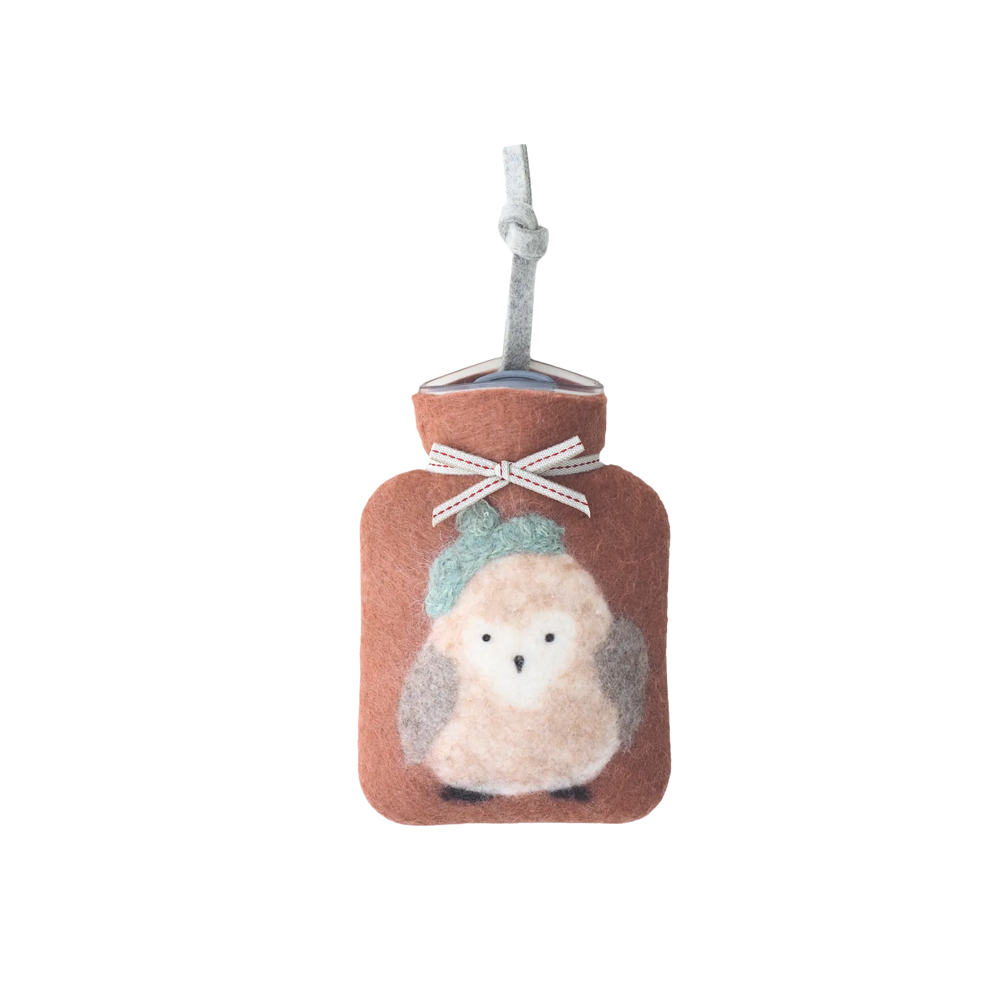 Kleine Wärmflasche aus Merinowolle mit Eulenmotiv.