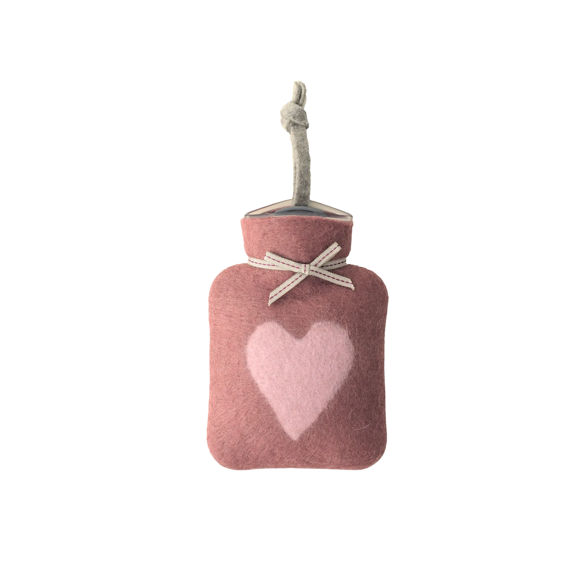 Kleine Wärmflasche aus Merinowolle mit einem Herzmotiv. 