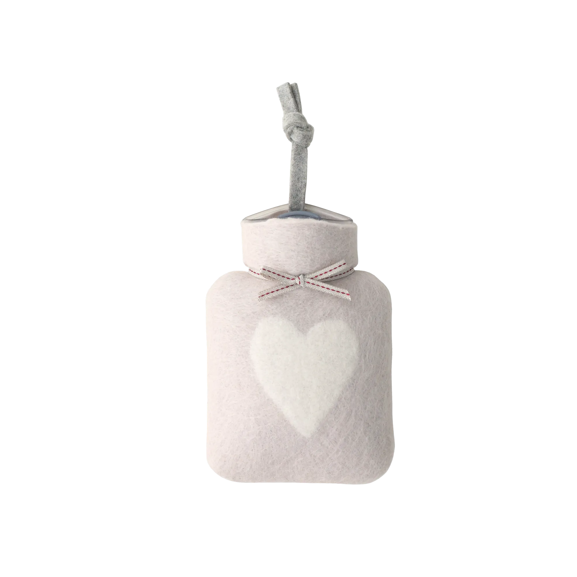 Kleine Wärmflasche aus Merinowolle mit Herzmotiv.