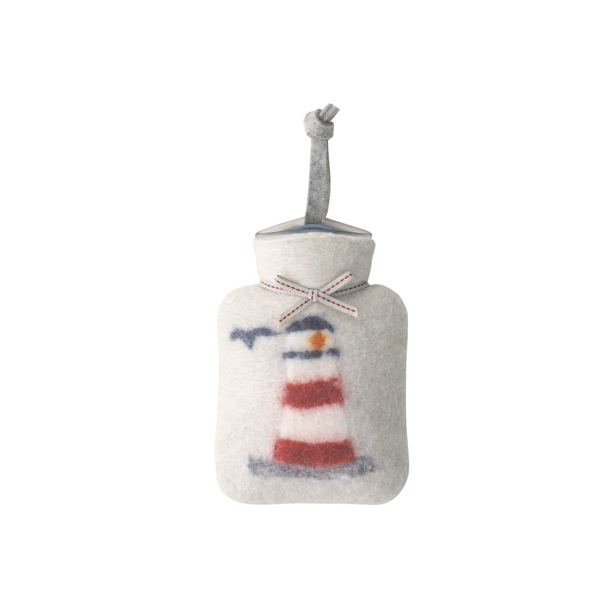 Kleine Wärmflasche aus Merinowolle mit einem Leuchtturm Motiv.