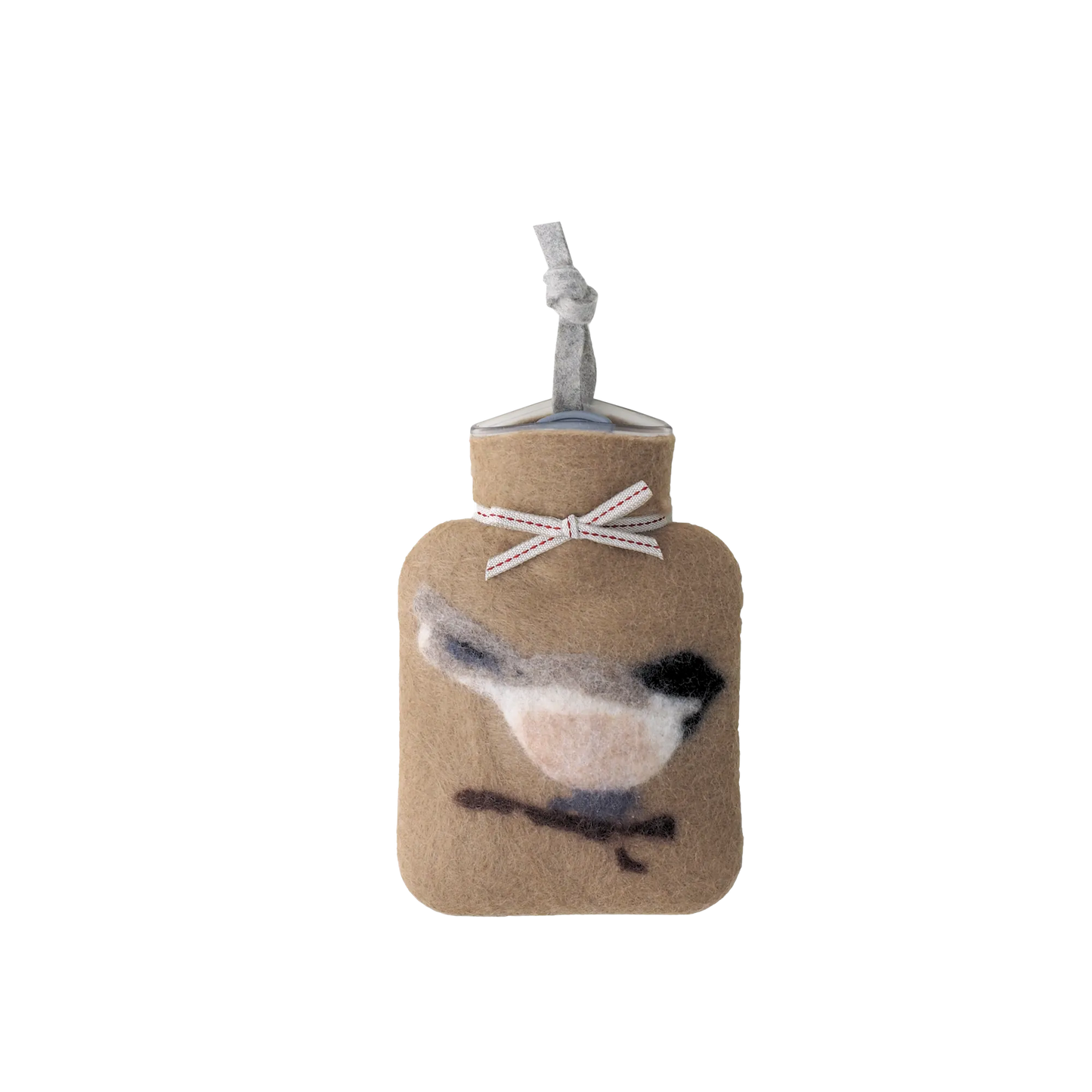 Kleine Wärmflasche aus Merinowolle mit einem Meisen Motiv.