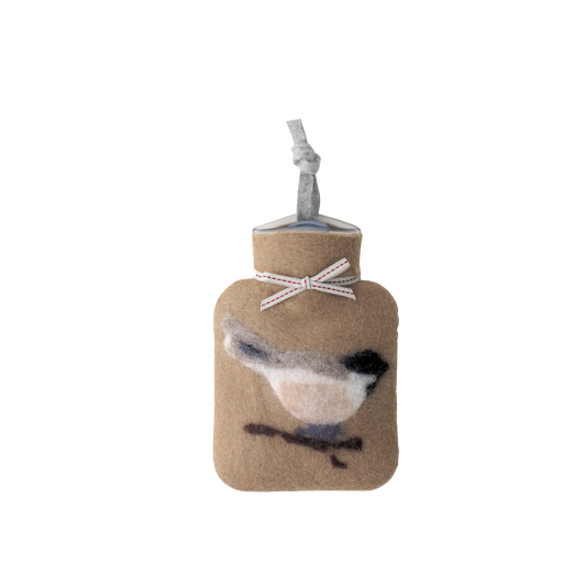 Kleine Wärmflasche aus Merinowolle mit einem Meisen Motiv.