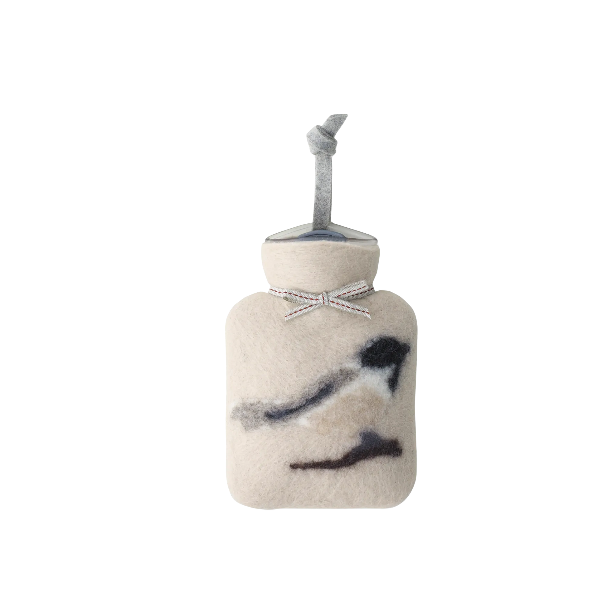 Kleine Wärmflasche aus Merinowolle mit einem Meisen Motiv.