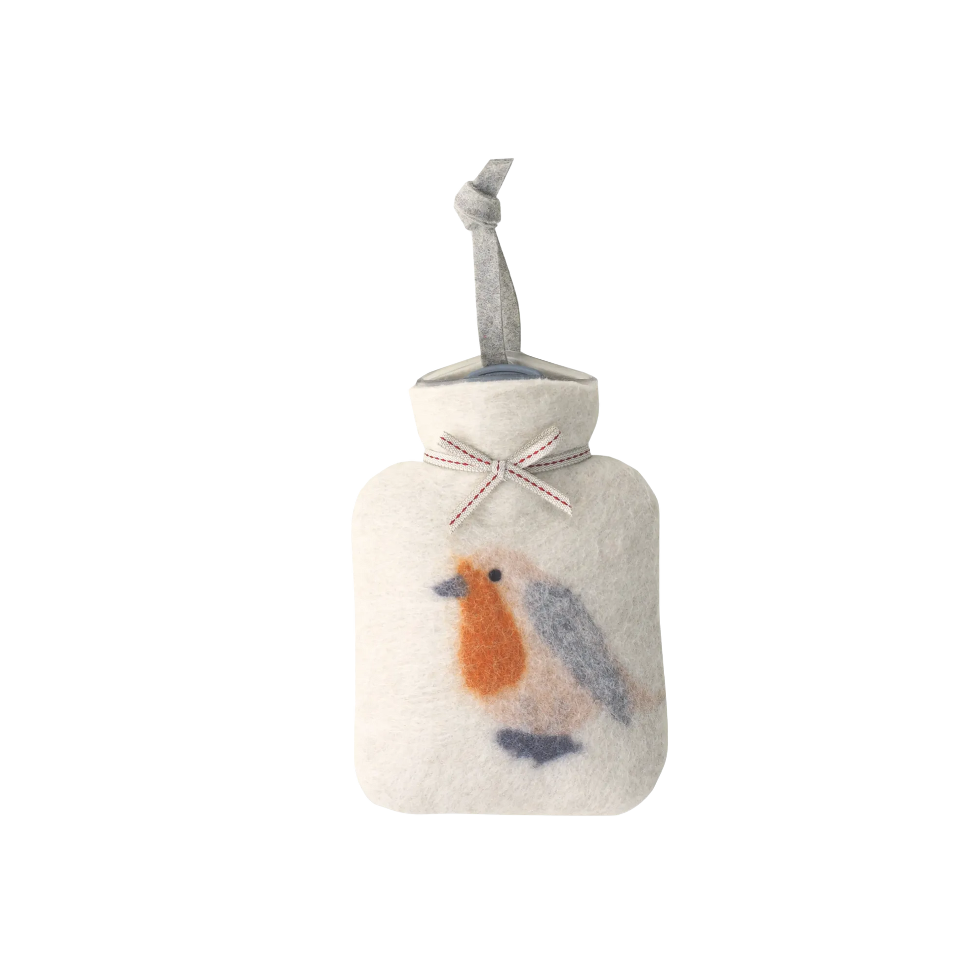 Kleine Wärmflasche aus Merinowolle mit einem Rotkehlchen Motiv.