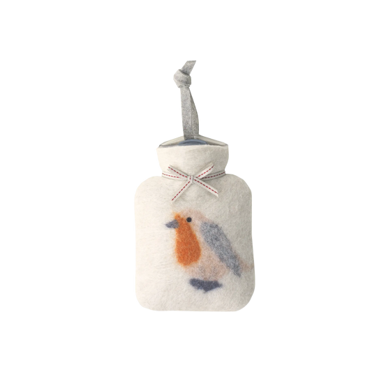 Kleine Wärmflasche aus Merinowolle mit einem Rotkehlchen Motiv.