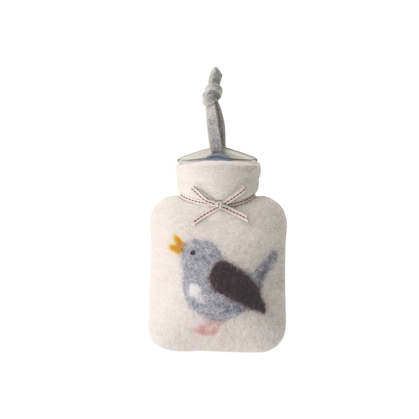 Kleine Wärmflasche aus Merinowolle mit einem Zaunkönig Motiv.
