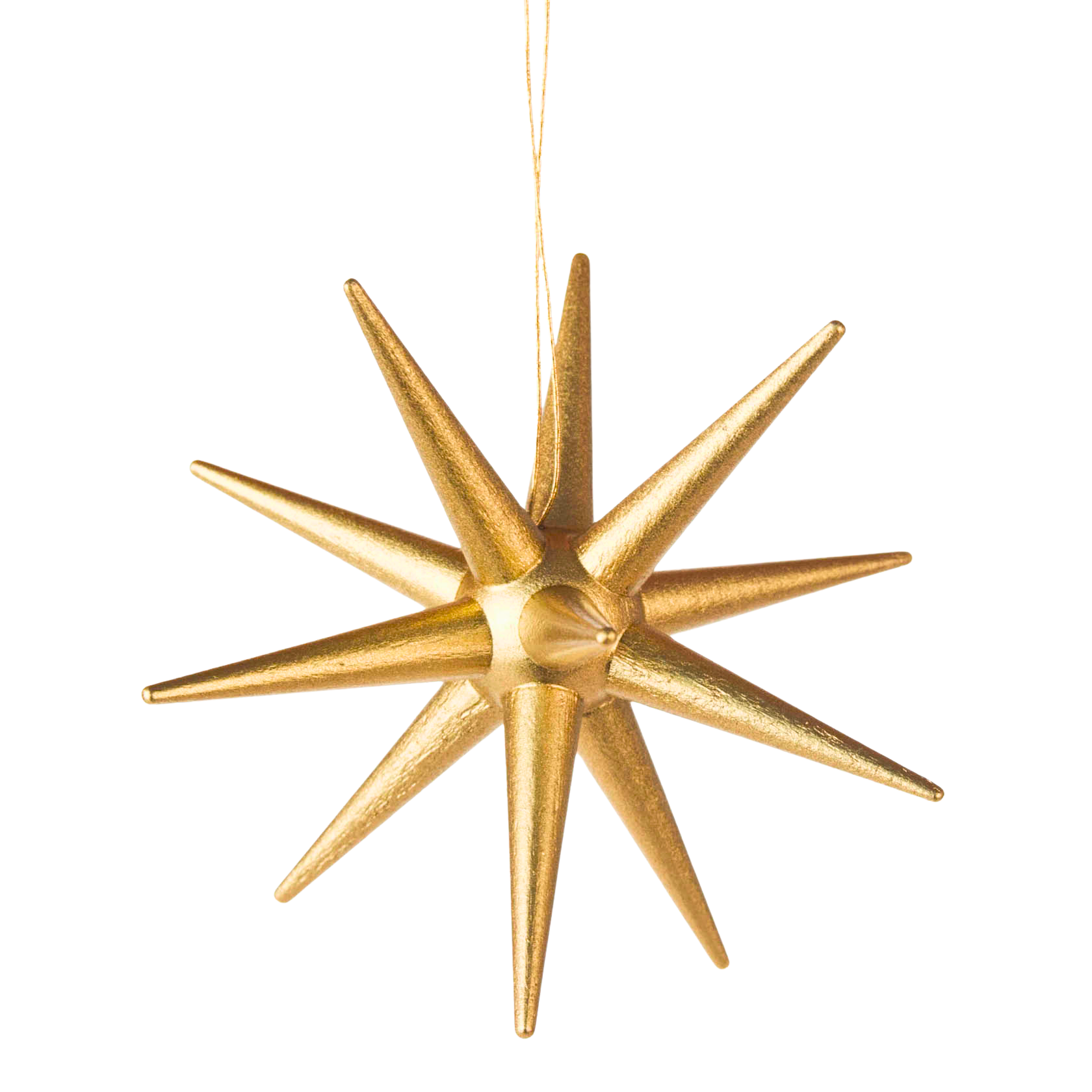 Ein goldener Stern aus Holz als Baumanhänger.
