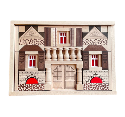 Ein traditioneller Holzbaukasten aus Blumenau. Gestalte nostalgische Gebäude mit Säulen und Mauerwerk.