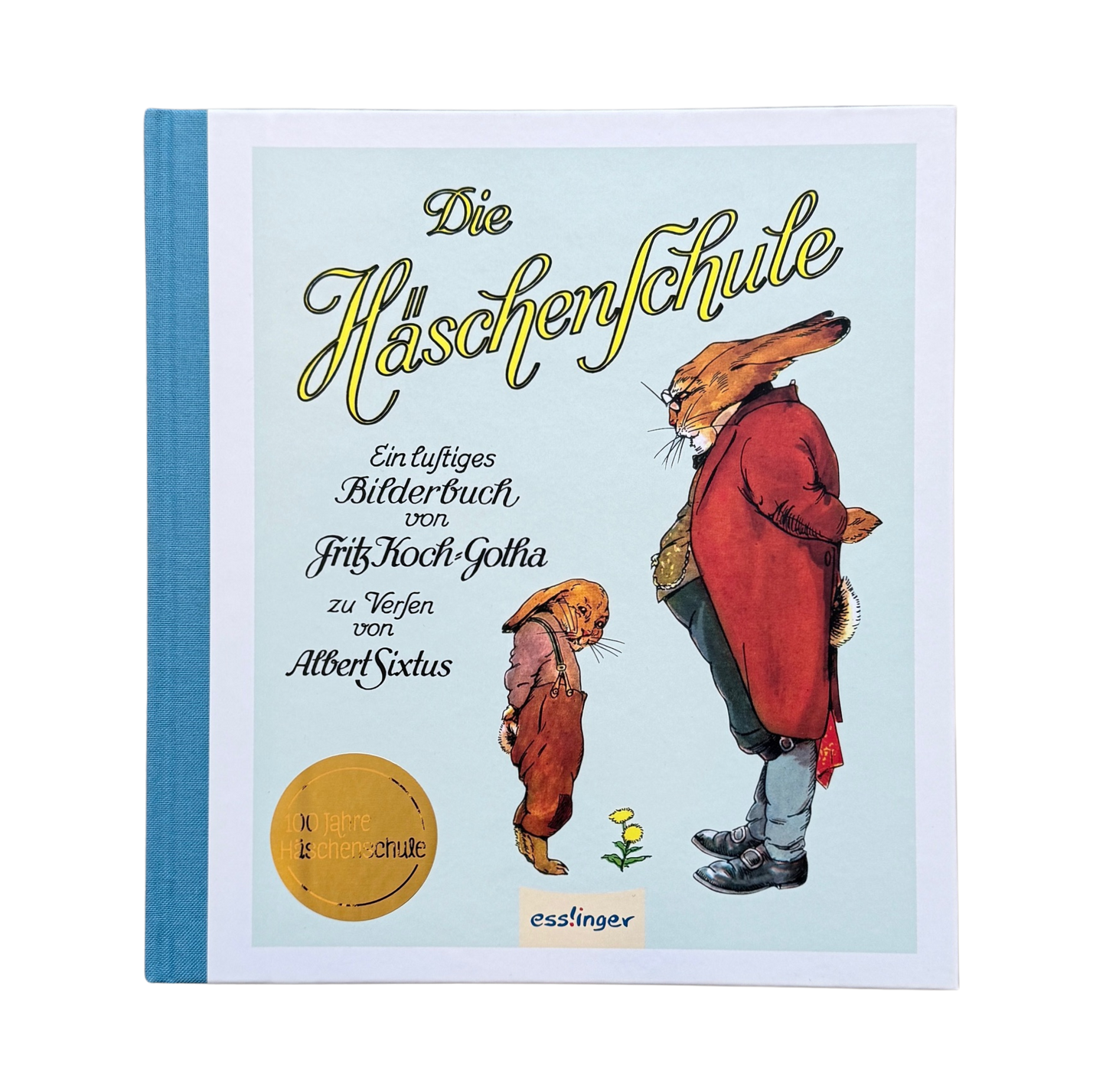 Das Buch die Häschenschule von Fritz Koch Gotha. Ein großer und ein kleiner Hase mit gesenktem Kopf stehen sich gegenüber.