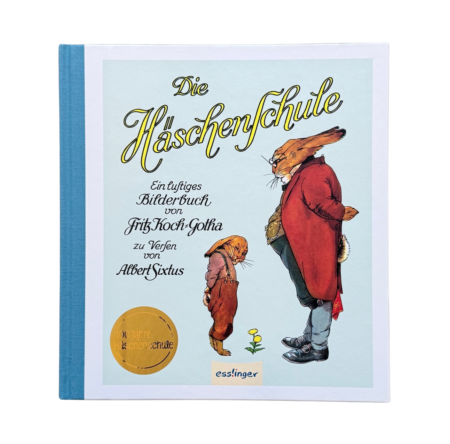 Das Buch die Häschenschule von Fritz Koch Gotha. Ein großer und ein kleiner Hase mit gesenktem Kopf stehen sich gegenüber.