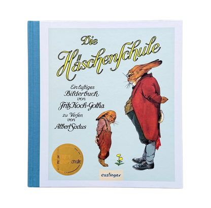 Das Buch die Häschenschule von Fritz Koch Gotha. Ein großer und ein kleiner Hase mit gesenktem Kopf stehen sich gegenüber.