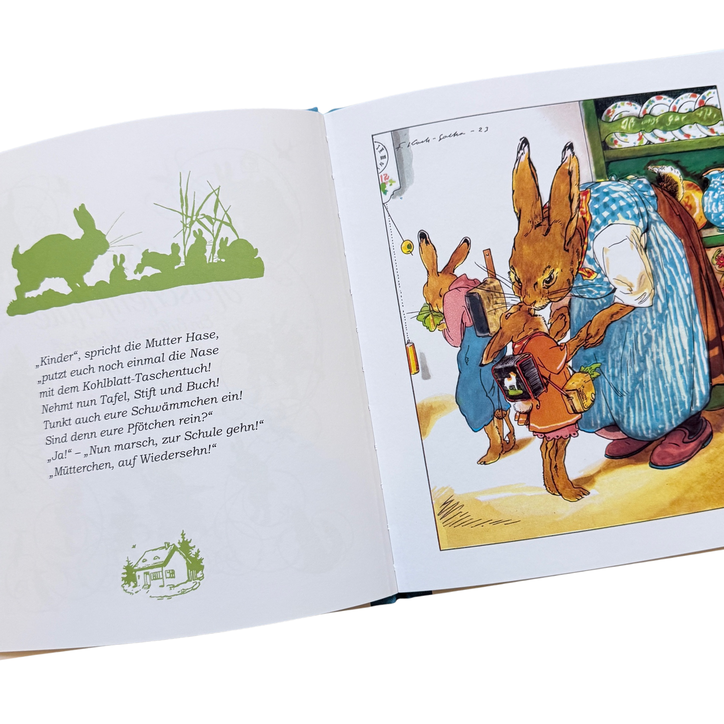 Eine Buchseite von die Häschenschule mit einer Hasenmama und einer Hasentochter beim Verabschieden mit Küsschen. 