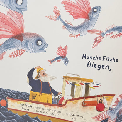 Illustrierte fliegende Fische über einem Fischkutter mit einem Fischer.