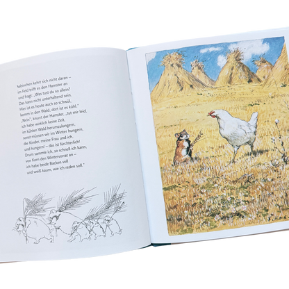 Das hühnchen Sabinchen trifft auf einem abgemähten Kornfeld einen Hamster. 