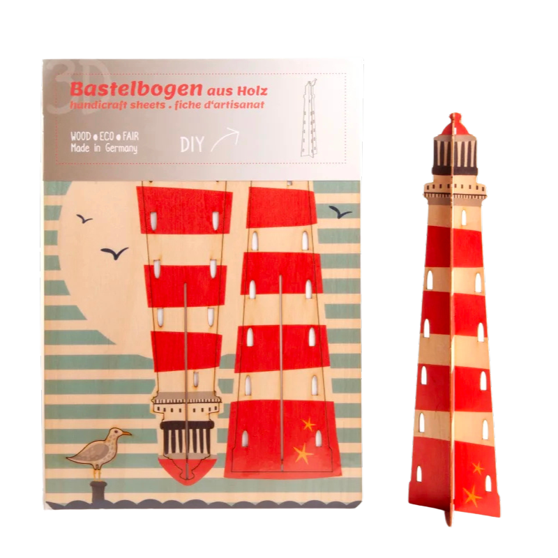 Bastelset Leuchtturm aus Sperrholz in rot und natur mit einer sitzenden Möwe.