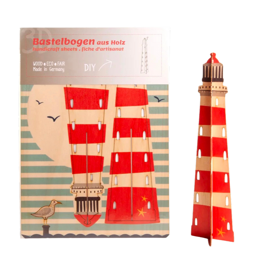 Bastelset Leuchtturm aus Sperrholz in rot und natur mit einer sitzenden Möwe.