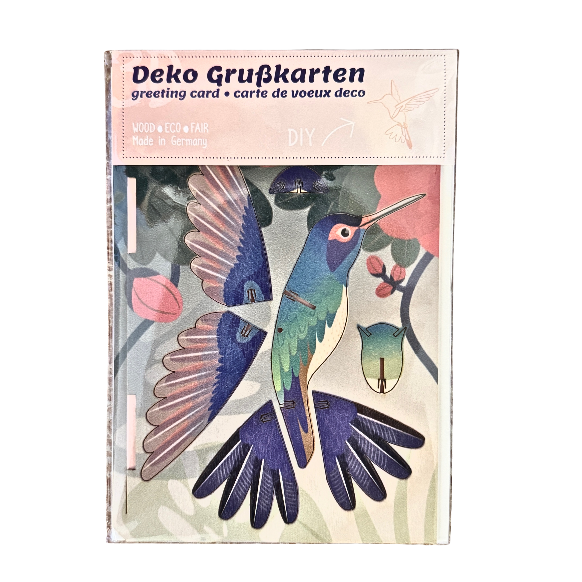 Grußklarten Bastelset aus Sperrholz als Kolibi. In bunten Farben zum Stellen oder Hängen. 