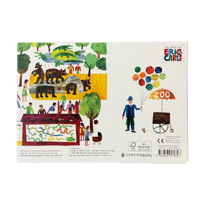 Kinderbuch Cover mit gezeichneten Tieren und Menschen in einem Park.