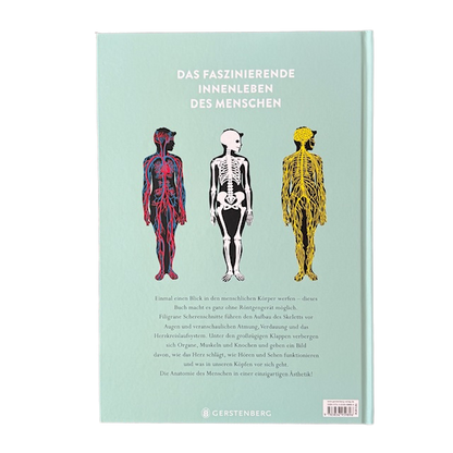 Buchcover mit drei Skeletten mit Adern, Venen, Muskeln und Knochen. 