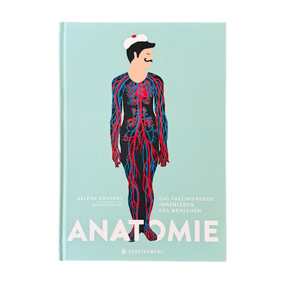 Ein Cover Anatomiebuch mit einem gezeichneten Menschen mit Blutkreislauf.