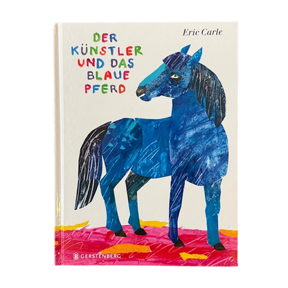 Kinderbuchcover ein blaues Pferd auf roter Wiese.
