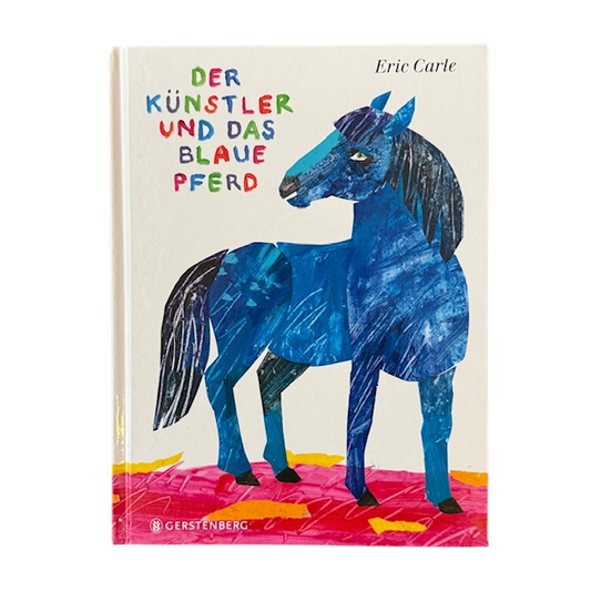 Kinderbuchcover ein blaues Pferd auf roter Wiese.