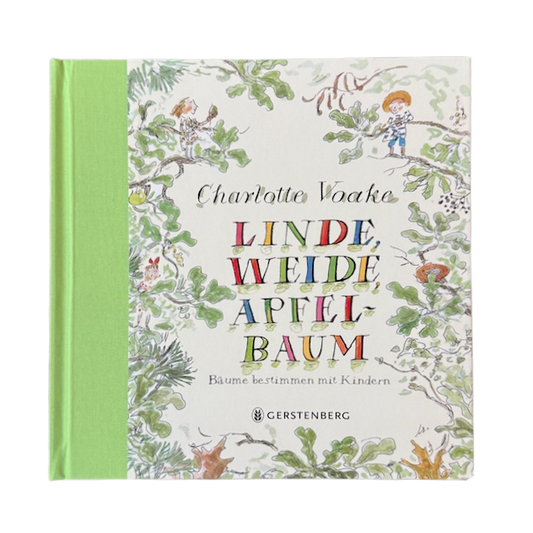 Kinderbuch Cover mit gezeichneten Blättern verschiedener Bäume.
