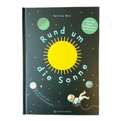Kinderbuchcover mit unserer Sonne, Paneten und einem Kosmonauten. 