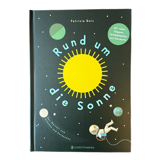 Kinderbuchcover mit unserer Sonne, Paneten und einem Kosmonauten. 