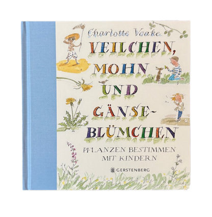 Buchcover Kinderbuch mit gezeichneten Kindern in Wald und Feld. 