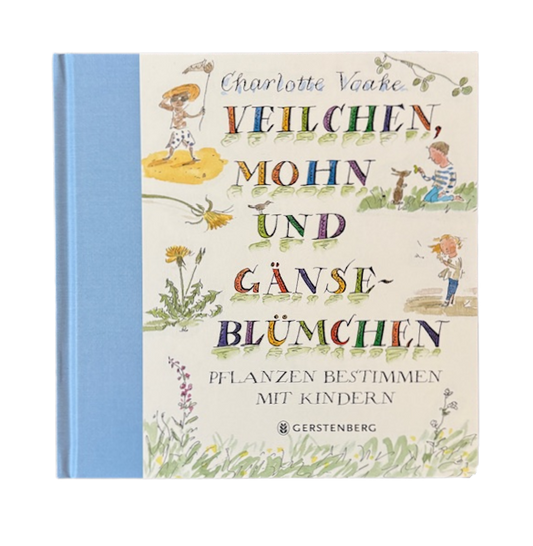 Buchcover Kinderbuch mit gezeichneten Kindern in Wald und Feld. 