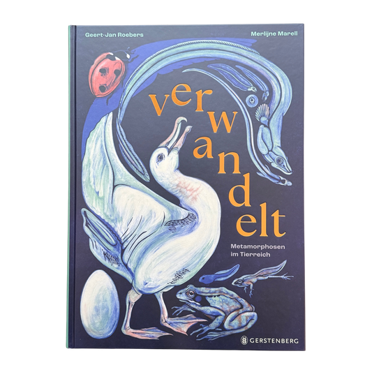 Buch in dunkelblau mit einem Albatros, einer Kröte und Kaulquappen darauf. Die Metamorphosen der Tiere. 